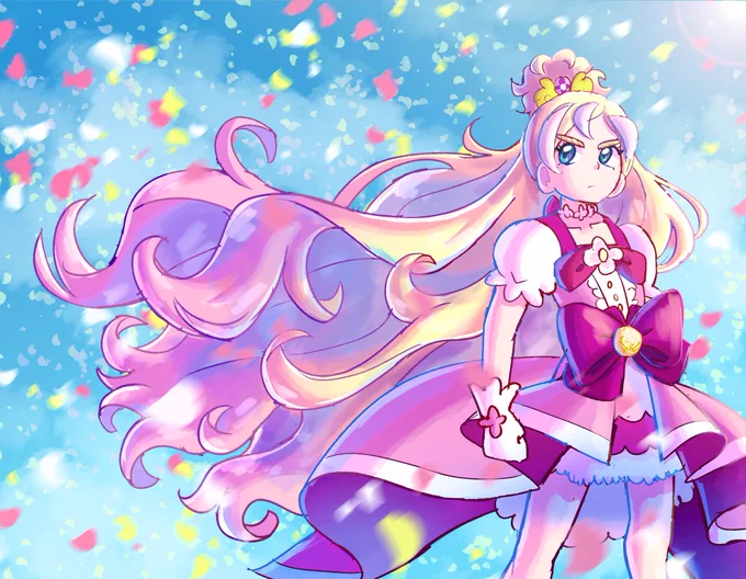 digital art of cure flora from go princess precure standing amongst a torrent of flower petals with a determined expression