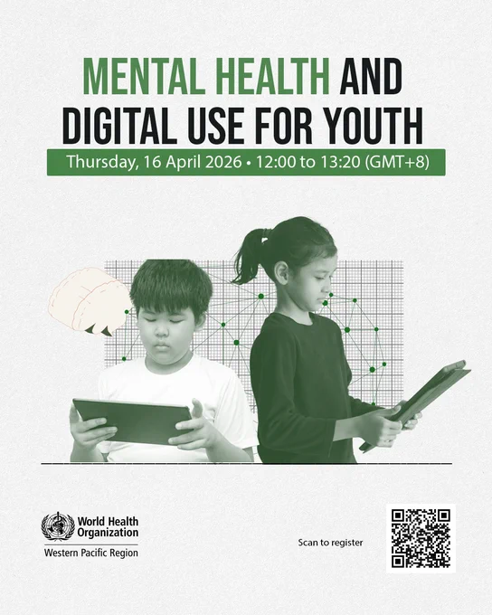 Graphic with two young people standing side by side, each holding a tablet and looking down at the screen. Behind them is a light grid pattern with green connected dots and lines, and a small brain illustration on the left. The headline text says mental health and digital use for youth. A green banner reads Thursday, 16 April 2026 12:00 to 13:20 (GMT 8).  At the bottom left is the logo of the World Health Organization Western Pacific Region. At the bottom right is a QR code with the text scan to register.