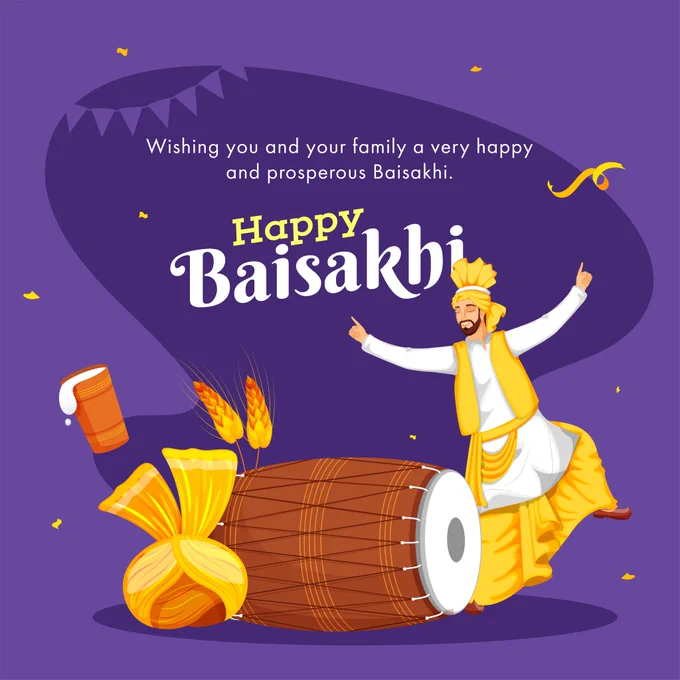 Illustration of a joyful Baisakhi celebration with a Punjabi dancer performing beside a dhol, wheat stalks, and festive traditional elements on a purple background.