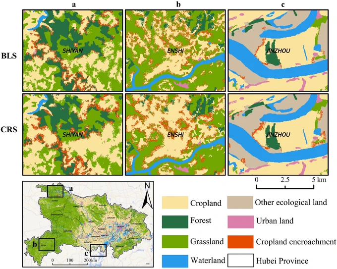 Figure 1. Area of ecological land encroached by compensated cropland based on the balance-of-occupation policy under BLS and CRS.