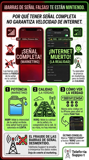 Infografía vertical de Telefonia Support que desmiente el mito de las barras de señal. Compara un iPhone con barras completas (Potencia/Marketing) vs. un panel técnico (Calidad/Saturación). Explica RSRP y RSRQ. En el recuadro 3, da la ruta exacta para entrar al modo Field Test en iPhone marcando el código *3001#12345#* 