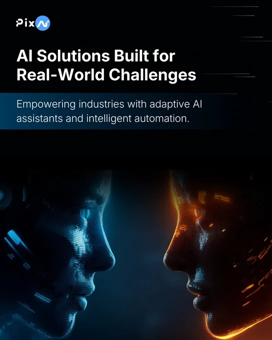 PixAI Technologies AI banner showing two futuristic digital faces representing adaptive AI assistants and intelligent automation for real-world business challenges.