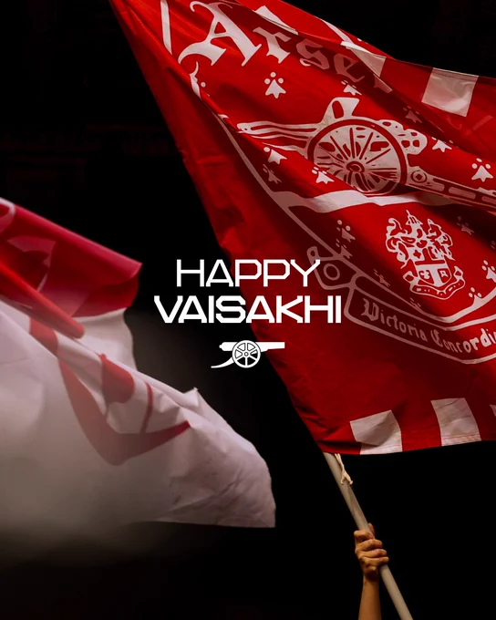 A graphic showing the waving of Arsenal flags with text that reads 'Happy Vaisakhi'.