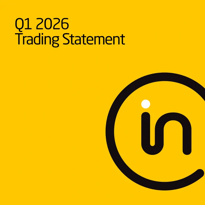 A yellow image with the text "Q1 2026 Trading Statement" in black letters at the top left. At the bottom right, there is a black circular logo with the letters "in" inside.
