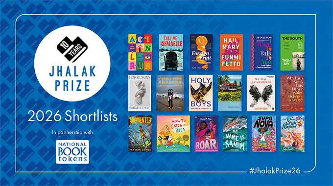 Graphic with blue background with 18 longlisted jackets for the three awards, and logos in white font. Link to longlisted book in our bio