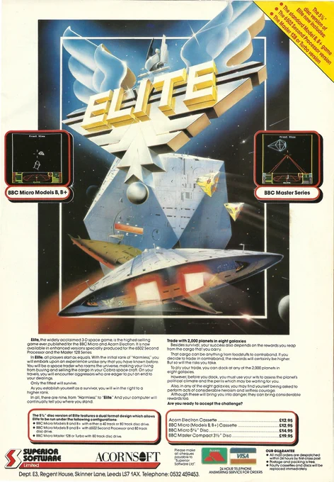 Magazine advert for Elite, by Superior Software/Acornsoft (1987). Versions were available for the Acorn Electron (£12.95), BBC Model B cassette (£12.95), BBC Model B & BBC Master disc (£14.95) and BBC Master Compact (£19.95).