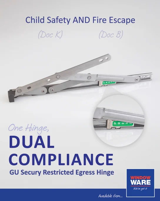 GU Secury Restricted Egress Hinge designed for child safety and fire escape compliance.