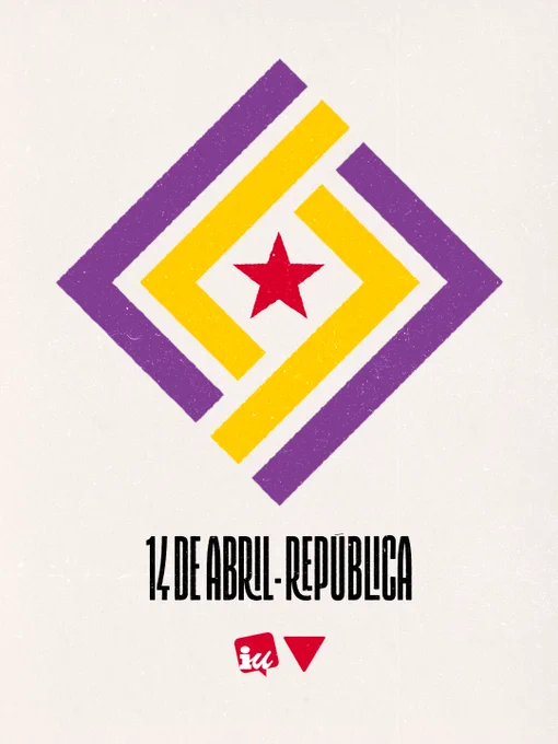 Cartel de Izquierda Unida por el 95 aniversario de la II República.

El cartel tiene en la parte superior y centrado una figura geométrica formada por los colores republicanos (rojo, amarillo, morado) rematado con una estrella roja en el centro. Debajo, en letras condensadas y con remates estilo principios del Siglo XX, pone "14 de abril - República". Rematado abajo y centrado está el logo de IU con el triangulo rojo.