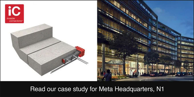 For Meta’s London headquarters, Invisible Connections manufactured specially modified TSS connectors to provide the hidden means of support for the precast landings off core walls, whilst also enabling the LED strip and balustrade rebate and blemish-free concrete finish.