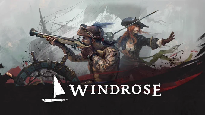 The Windrose video game logo centered over an action-packed illustration of four stylized pirate characters. The crew is engaged in a boarding action or battle, featuring a character with a blunderbuss, another with a cutlass,  amidst a misty, cinematic atmosphere.