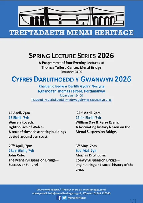 Poster for four talks at Menai Heritage about lighthouses and bridges