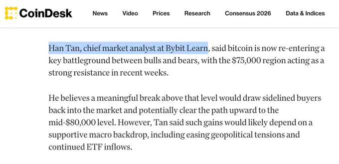 Han Tan, chief market analyst at Bybit Learn, shares his near-term Bitcoin price outlook with CoinDesk.