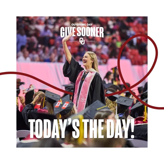 A joyful person in a graduation gown raises a hand while standing among other graduates. The background features a blurred crowd. Text reads, "OU Giving Day, Give Sooner. Today's the Day!" with the University of Oklahoma logo.