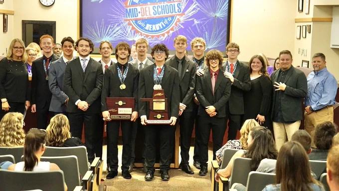 The Carl Albert Boys and Girls Swim Teams were recognized at the April 13th Board of Education for making history, both winning the Class 5A State Championship, the first time a school has swept both titles in 5A!  #OneDistrictOneFamily #mdpurpose #StateChamps