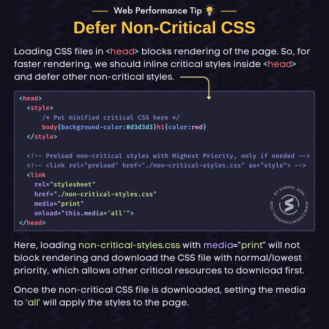 Loading CSS files in <head> blocks rendering of the page. So, for faster rendering, we should inline critical styles inside <head> and defer other non-critical styles.

HTML Code:
<!DOCTYPE html>
<html lang="en">
<head>
  <style>
      /* Put minified critical CSS here */
      body{background-color:#d3d3d3}h1{color:red}
  </style>
  
  <!-- Preload non-critical styles with Highest Priority, only if needed -->
  <!-- <link rel="preload" href="./non-critical-styles.css" as="style"> -->
  <link 
    rel="stylesheet" 
    href="./non-critical-styles.css" 
    media="print" 
    onload="this.media='all'">
</head>
<body>
  <!-- Main Content -->
</body>
</html>

Here, loading non-critical-styles.css with media=”print” will not block rendering and download the CSS file with normal/lowest priority, which allows other critical resources to download first.

Once the non-critical CSS file is downloaded, setting the media to ‘all’ will apply the styles to the page.