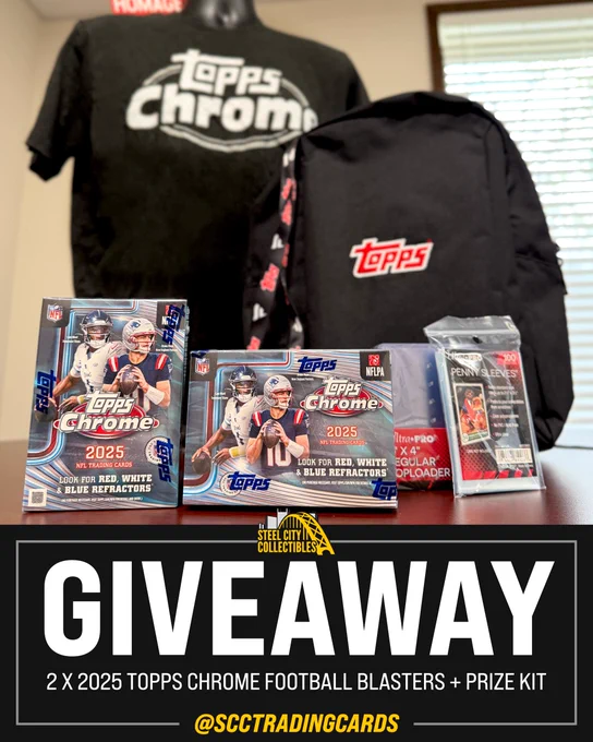 We're giving away a pair of 2025 Topps Chrome Football Blasters, a Chrome t-shirt from @HOMAGE, supplies, and more