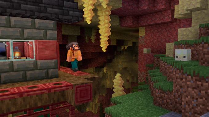 Image of a player in a sulfur cave looking up and observing a sulfur spike hanging from the ceiling. A sulfur cube to the right eagerly watches.