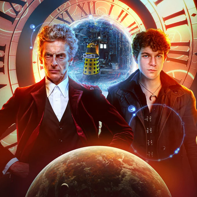 Soundsmyth Creative's cover artwork for Doctor Who: Run Fast, Be Kind - The Second Death of the Daleks, featuring the Twelfth Doctor and Ash Wilton surrounded by elements of the title sequence. In the background is the TARDIS and the Eternal Dalek. 