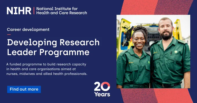 An image of two paramedics, with the caption: 'Career Development: Developing Research Leader (DRL) Programme - A funded programme to build research capacity in health and care organisations aimed at nurses, midwives and allied health professionals. Find out more.'