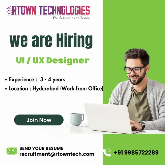 
📍 Location: Hyderabad (Work from Office)
🛠 Key Skills:

✔ UI & UX Design
✔ Wireframing & Prototyping
✔ Figma / Adobe XD / Sketch
✔ User Research & Usability Testing
✔ Mobile & Web Design
📩 Send your resume: recruitment@rtowntech.com

📞 Mobile: 9985722289

#RTownTechnologies #Hiring #UIDesigner #UXDesigner #HyderabadJobs #DesignCareers #UIUX 🚀🎨

