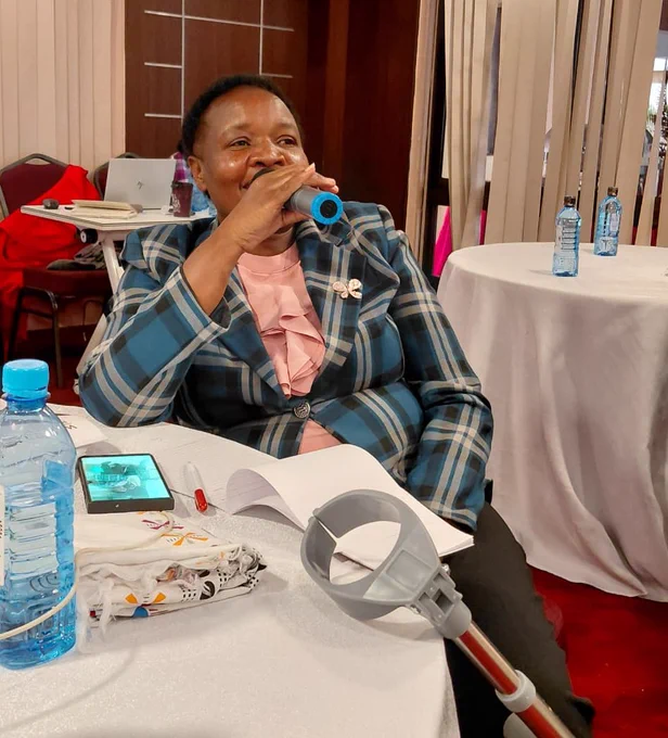 A woman seated at a conference table speaks into a handheld microphone, appearing engaged and confident during a meeting or workshop. She wears a patterned blazer over a pink blouse and has a crutch resting beside her, indicating she is a person with a physical disability. On the table in front of her are a notebook, phone, water bottles, and conference materials. The setting appears to be a formal indoor workshop or consultation space with round tables and other participants in the background.
