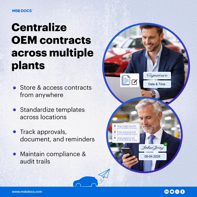 Illustration of centralized OEM contract management across multiple manufacturing plants, showing cloud-based access to documents, standardized contract templates, approval tracking workflows, automated reminders, and compliance-ready audit trails.