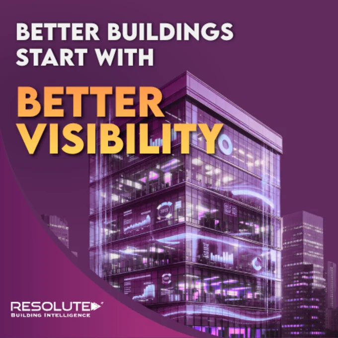 Purple-toned graphic of a modern commercial building with the text “Better Buildings Start With Better Visibility,” highlighting the importance of building data insights.
