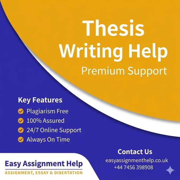 Professional marketing graphic for Easy Assignment Help in Royal Blue and Goldenrod colors. The text reads "Thesis Writing Help" and "Premium Support." It lists key features: Plagiarism Free, 100% Assured, 24/7 Online Support, and Always On Time. The bottom includes the company logo and contact details: easyassignmenthelp.co.uk and  44 7456 398908.