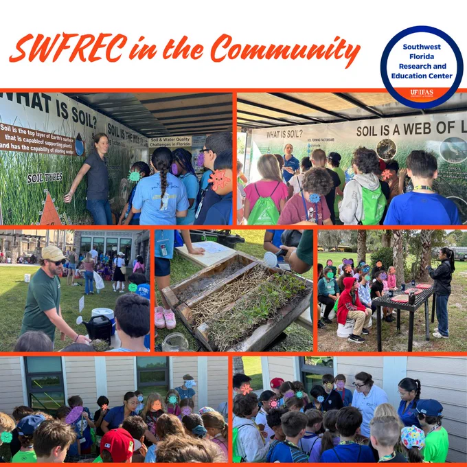 Collage of community activities by SWFREC focused on soil education for children, both indoors and outdoors.