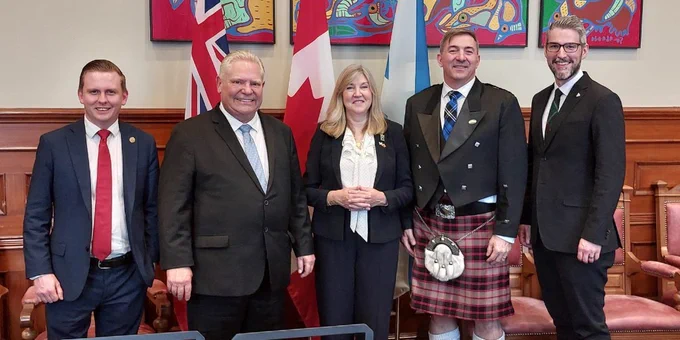 Left to right: Graham McGregor MPP, Minister of Citizenship and Multiculturalism; Premier of Ontario Doug Ford; Alison Johnstone MSP; Dave Smith MPP; and Matthew Rae MPP.
