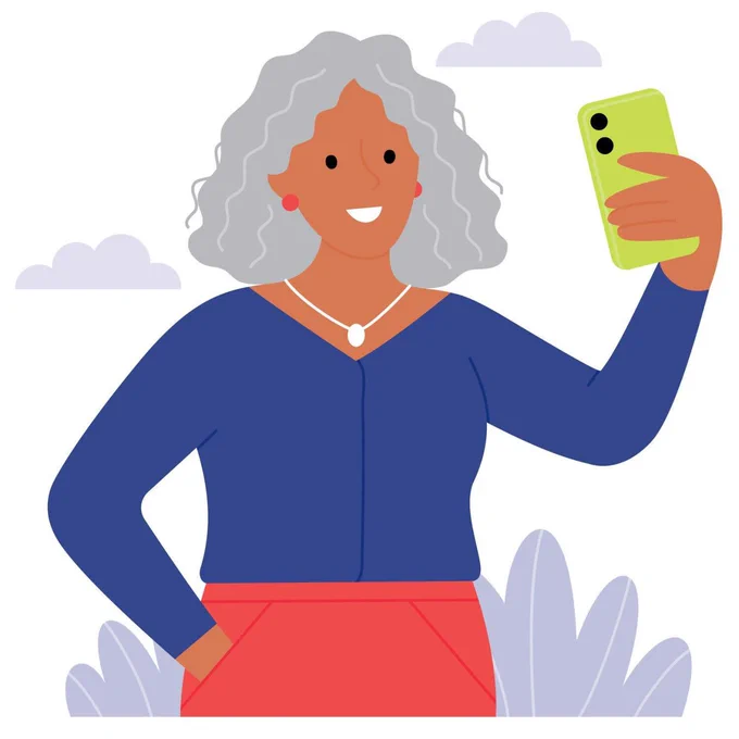 An illustration of an older woman taking a selfie