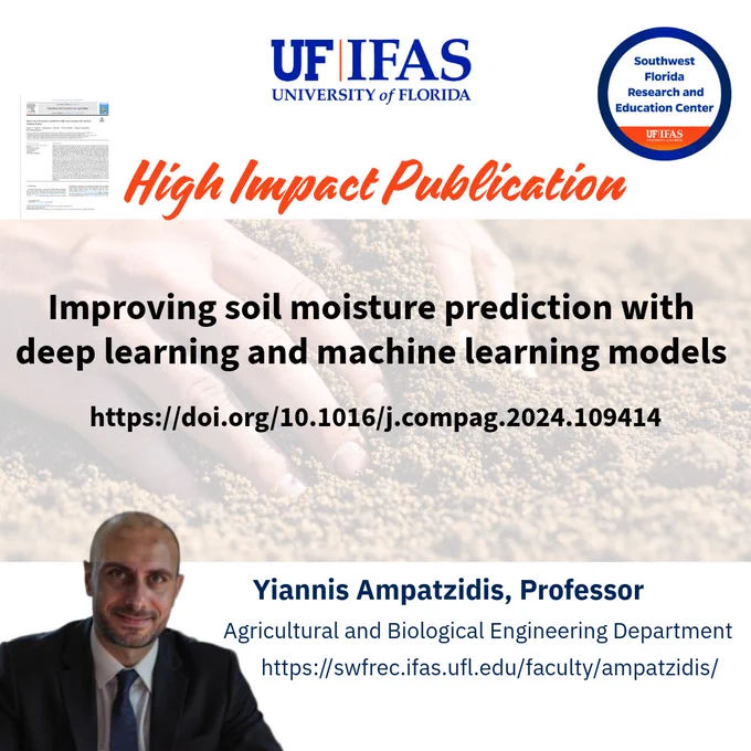 Promotional image for a publication on soil moisture prediction featuring the University of Florida IFAS and a professor's details.
