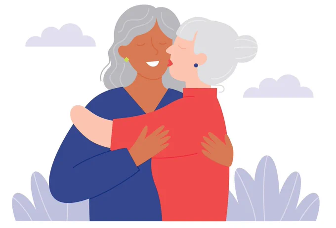 An illustration of an older couple sharing a kiss