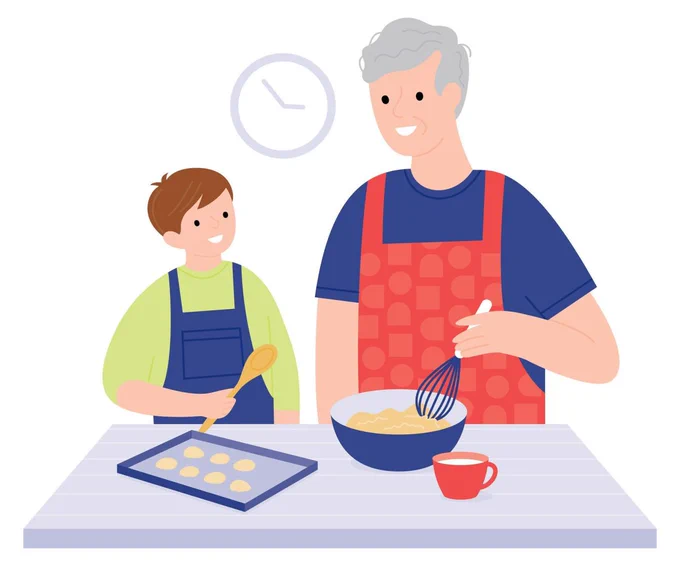 An illustration of an older man baking with his son or grandson