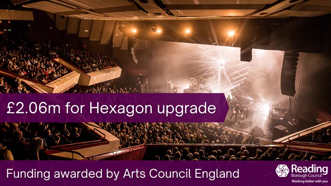 Wide view of The Hexagon auditorium during a live performance, with stage lights and haze illuminating the band on stage. Overlaid text reads ‘£2.06m for Hexagon upgrade’ and ‘Funding awarded by Arts Council England,’ alongside the Reading Borough Council logo.”