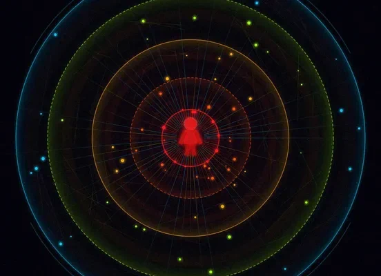 Image showing a central red female icon surrounded by concentric circles with connecting lines extending to various colored dots. Represents network connections radiating from a central individual, highlighting relationships or influence within a system.