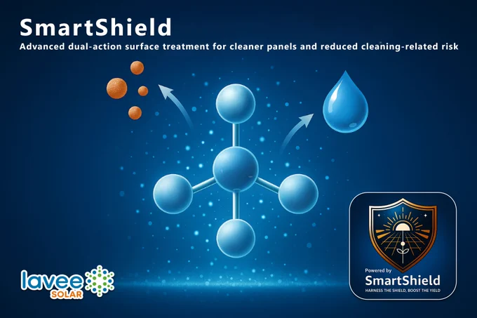 Conceptual illustration of SmartShield, the proprietary surface technology within Lavee Solar, showing dust particles and water being repelled from a solar panel surface to represent reduced soiling and lower cleaning related risk.