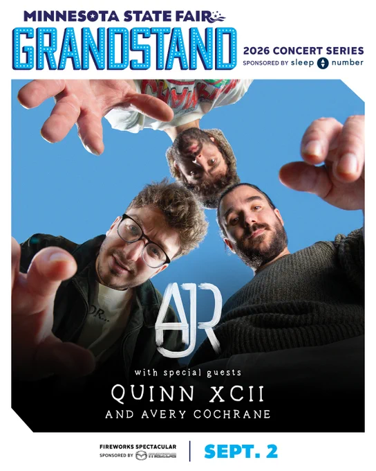 The image is a promotional poster for the Minnesota State Fair Grandstand 2026 Concert Series featuring the band AJR. Three individuals in casual clothing are playfully posing with their faces close to the camera. The poster includes text announcing special guests Quinn XCII and Avery Cochrane, with the event date listed as September 2, and sponsorship by Sleep Number and Fireworks Spectacular.