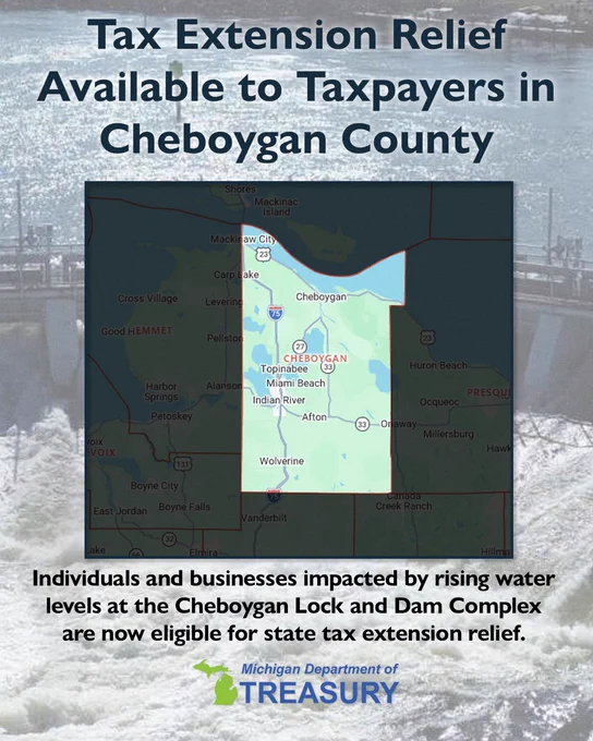 Map of highlighted Cheboygan county overlaid on an image of the Cheboygan Lock and Dam Complex. Tax Extension Relief Available to Taxpayers in Cheboygan County.
