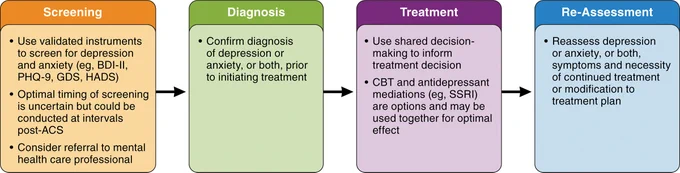 Screening
• Use validated instruments to screen for depression and anxiety (eg, BDI-II, PHQ-9, GDS, HADS)
• Optimal timing of screening is uncertain but could be conducted at intervals post-ACS
• Consider referral to mental health care professional

Diagnosis
• Confirm diagnosis of depression or anxiety, or both, prior to initiating treatment

Treatment
• Use shared decision-making to inform treatment decision
• CBT and antidepressant mediations (eg, SSRI) are options and may be used together for optimal effect

Re-Assessment
• Reassess depression or anxiety, or both,
symptoms and necessity of continued treatment or modification to treatment plan