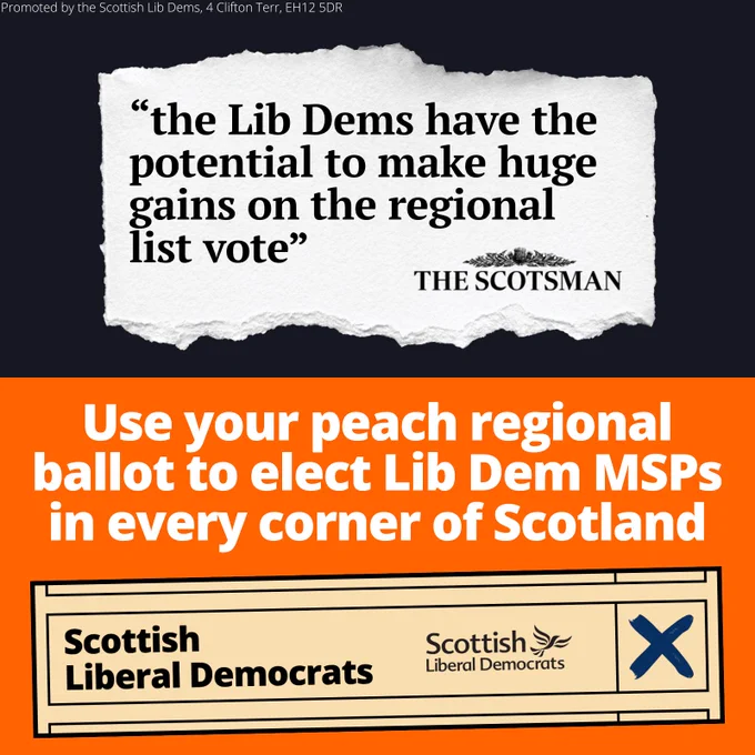 “the Lib Dems have the potential to make huge gains on the regional list vote”

The Scotsman.

Use your peach regional ballot to elect Lib Dem MSPs in every corner of Scotland.

Depiction of a peach ballot with a cross next to the Scottish Lib Dems.