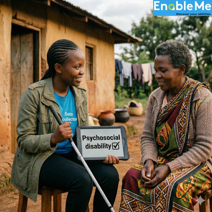 A data collector wearing a “Data collector” shirt sits outside a rural home, smiling and speaking with an older woman. The collector holds a white cane and a tablet displaying “Psychosocial disability” with a checked box, indicating recorded data. Clothes hang on a line in the background, and the setting suggests a community-based survey or interview focused on disability inclusion.