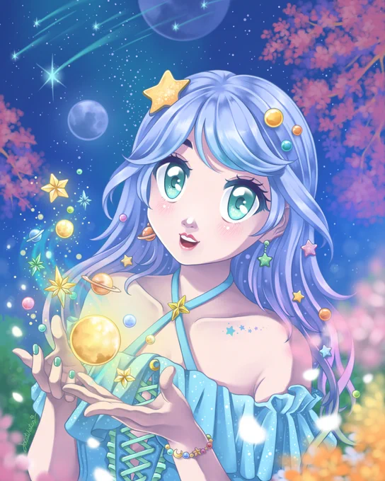 A young girl cradling multicolored stars in her hands, beneath the moon and a sky full of stars on a spring night when flowers are in bloom. Art by Jocatchstar