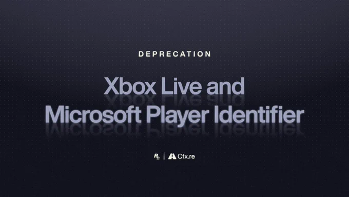 Rockstar Games and Cfx.re poster with text reading: \"Deprecation: Xbox Live and Microsoft Player Identifier\"