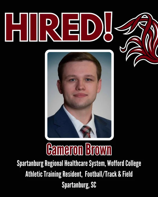 Graphic Announcing that Cameron Brown was hired as an Athletic Training Resident at Wofford College in Spartanburg, SC