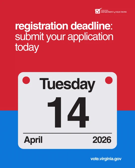 Virginia Department of Elections reminder to submit voter registration by Tuesday, April 14, 2026.