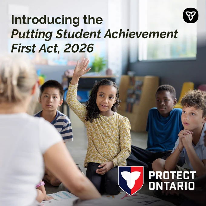 Students sitting on a carpet, raising their hands. Text reads: Introducing the Putting Student Achievement First Act, 2026.