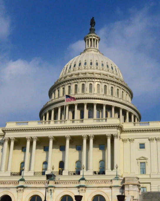 The image shows the United States Capitol building, featuring its prominent dome and neoclassical architecture, with a U.S. flag flying in front. The sky is clear and blue.