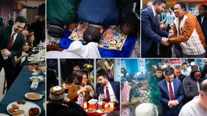 This image is a collage of Zohran Mamdani attending various community events, including multiple celebrations during the month of Ramadan. 