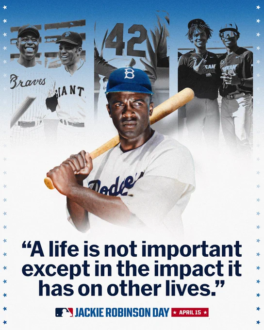 “A life is not important except in the impact it has on other lives.” - Jackie Robinson
Pictured: A large cutout of Jackie Robinson resting a bat on his right shoulder. He is wearing a white Brooklyn Dodgers jersey and a blue Brooklyn Dodgers cap.
Behind him are three photos. From left to right - Hank Aaron and Willie Mays smile for a photo together, a close-up shot of a player wearing Jackie Robinson’s No. 42 during a previous Jackie Robinson Day, and two Dream Series players posing for a photo together.
Jackie Robinson Day, April 15